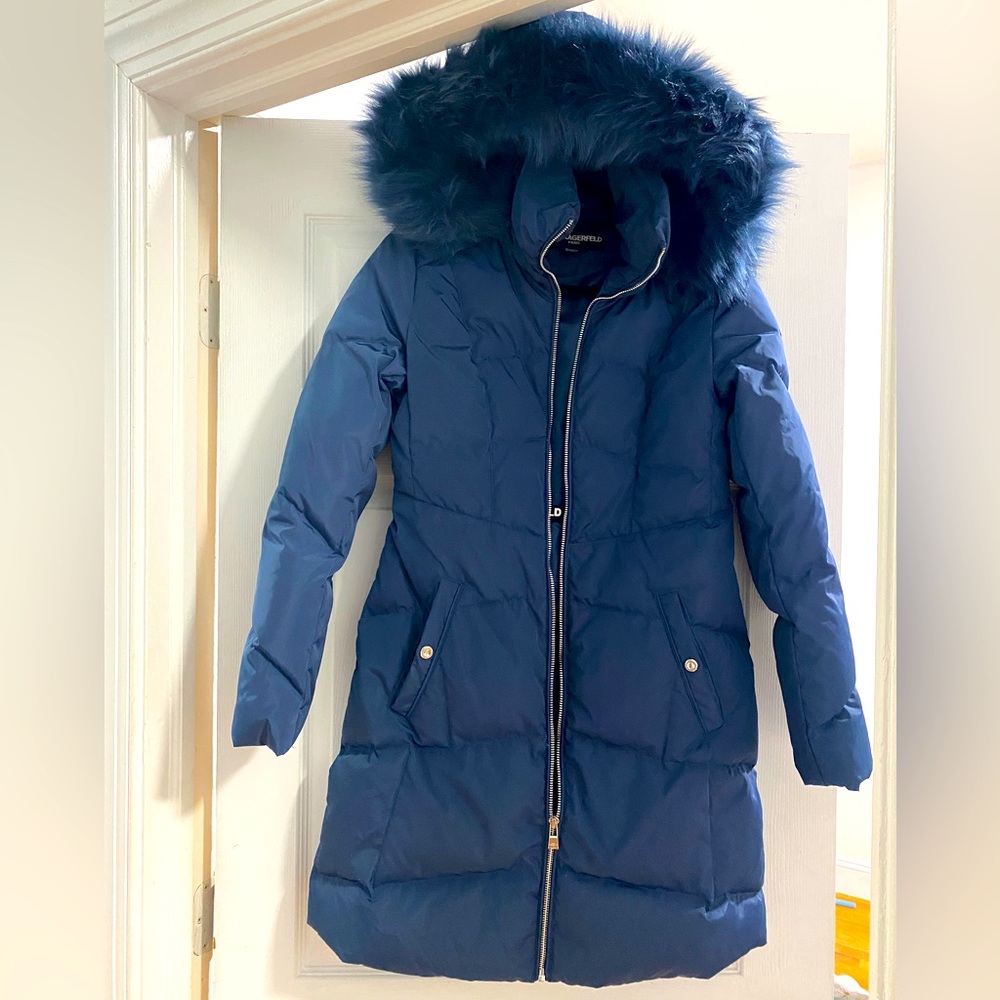 Karl Lagerfeld Faux Fur Collar Blue Coat Never worn. Size X Small .